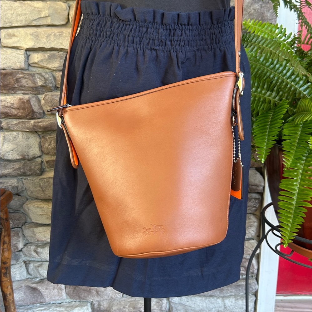 Coach leather Tan small duffle bucket with Glo Orange Shoulder Bag 34407